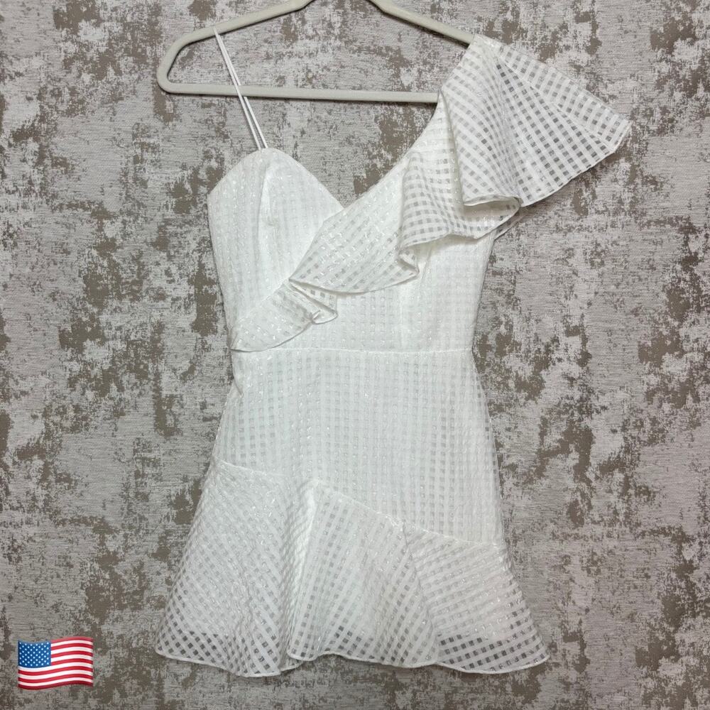 Amanda Uprichard Mckinnon Ruffle One Shoulder Mini Dress in White Check